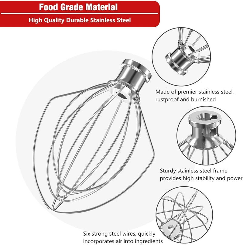 XINCAN ملحق خفاق من الفولاذ المقاوم للصدأ مكون من 6 أسلاك، مناسب لخلاط KitchenAid ذو الرأس المائل بحجم وعاء 6 قوارير، بديل للخفاق الأصلي، آمن للاستخدام في غسالة الأطباق، يُستخدم لخفق البيض والكريمة الثقيلة. - Image 2