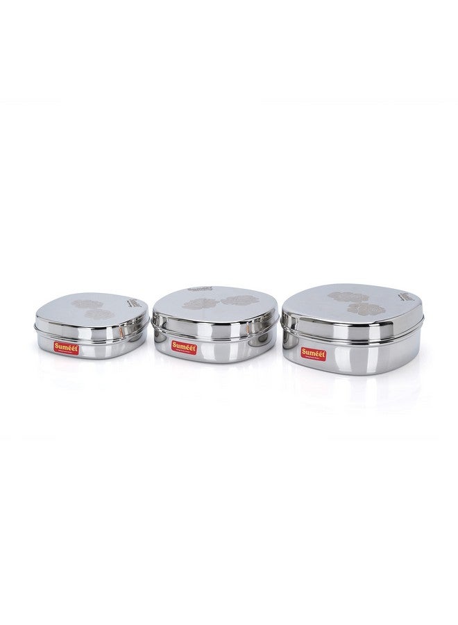 Sumeet Stainless Steel Designer Square Storage containers box/Dabba for Kitchen, Set of 3Pcs, 350ml, 600ml & 950ml, 12cm, 13.5cm & 15cm Dia, Silver - Image 1