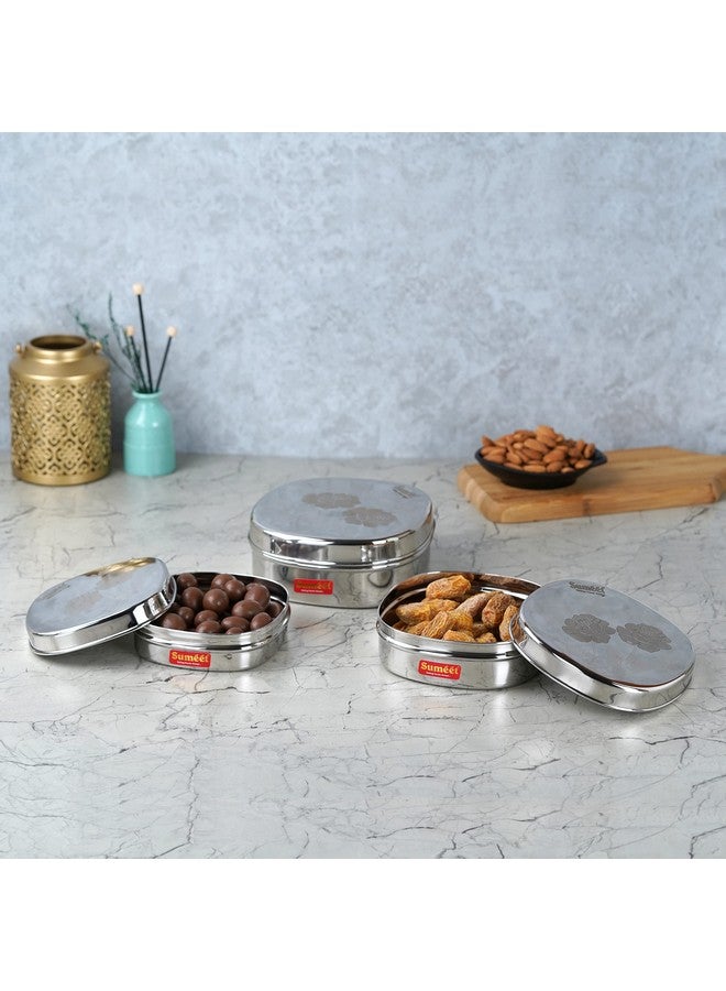 Sumeet Stainless Steel Designer Square Storage containers box/Dabba for Kitchen, Set of 3Pcs, 350ml, 600ml & 950ml, 12cm, 13.5cm & 15cm Dia, Silver - Image 3