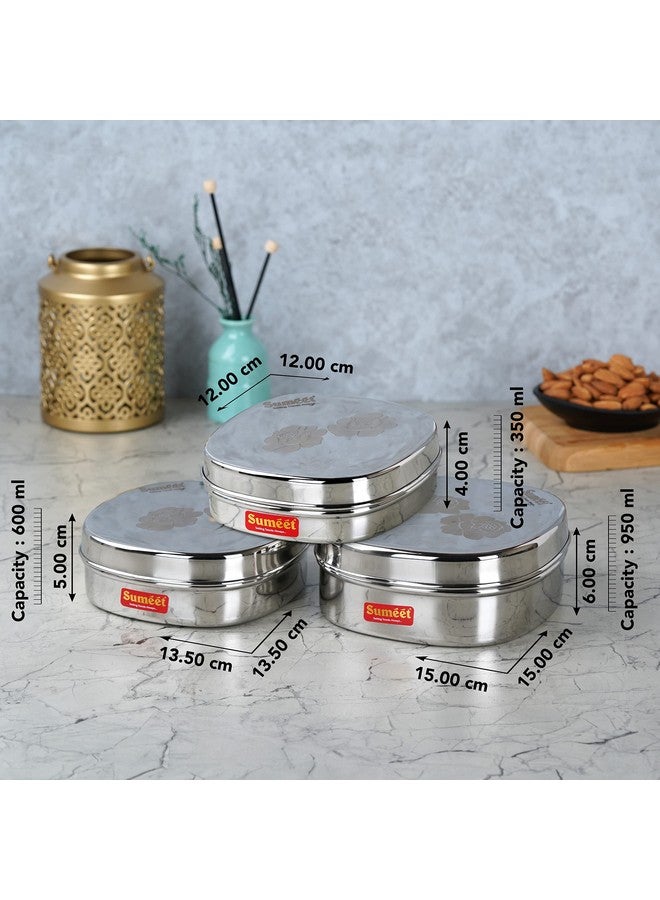 Sumeet Stainless Steel Designer Square Storage containers box/Dabba for Kitchen, Set of 3Pcs, 350ml, 600ml & 950ml, 12cm, 13.5cm & 15cm Dia, Silver - Image 4