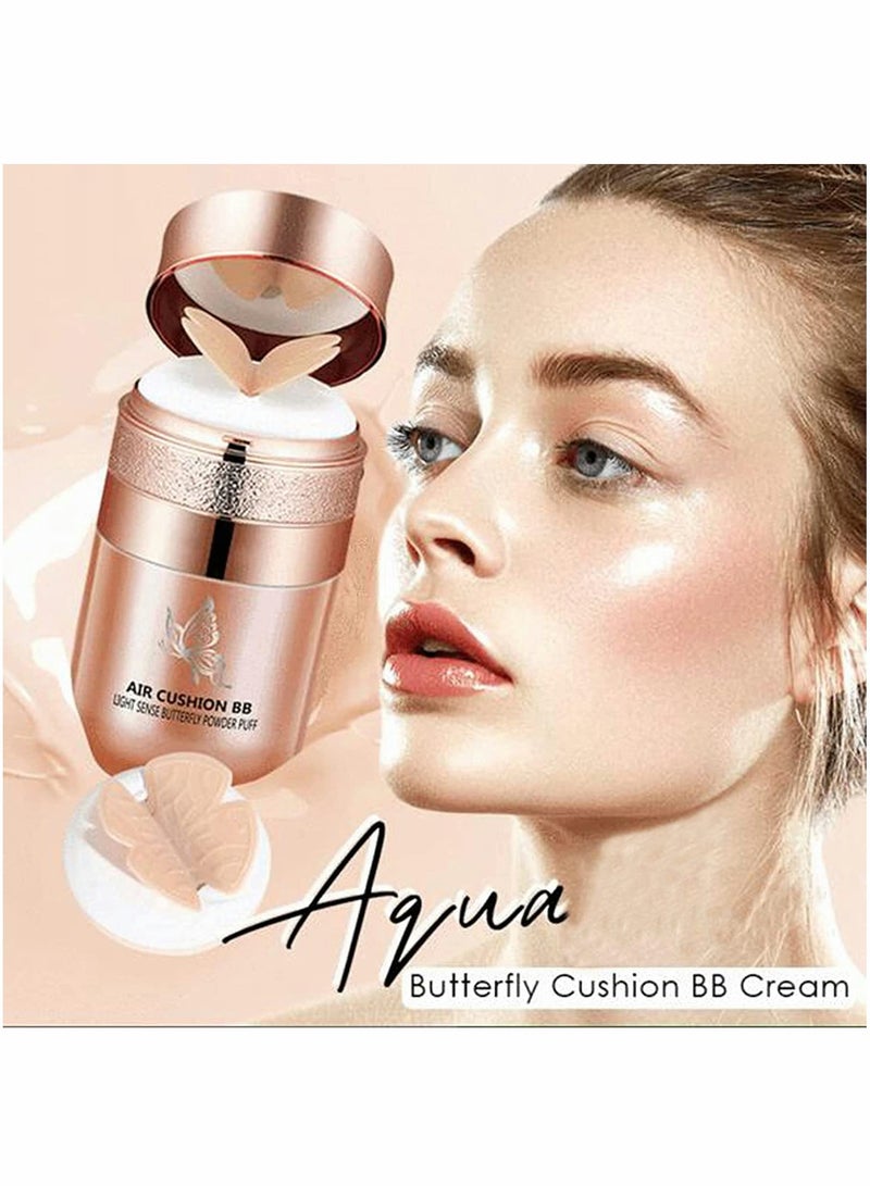 SYOSI Butterfly Cushion BB Cream, Air Cushion CC Cream, Moisturizing Concealer Makeup Base Primer BB Liquid Foundation, Easy to use (Lvory White+Natural Skin Color)  - Image 2