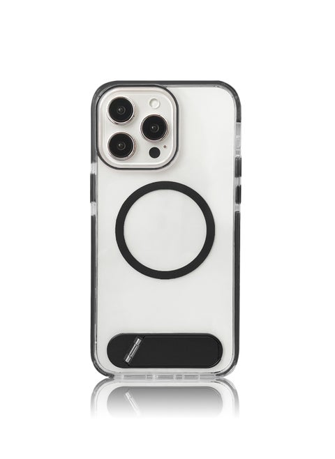 Luxury TPU PC Crystal clear Magnetic Phone case With Holder Stand for iPhone 15 Pro Max case With Metal Stand - Black