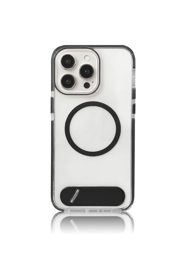 Generic - Luxury TPU PC Crystal clear Magnetic Phone case With Holder Stand for iPhone 15 Pro Max case With Metal Stand - Black - Image 1