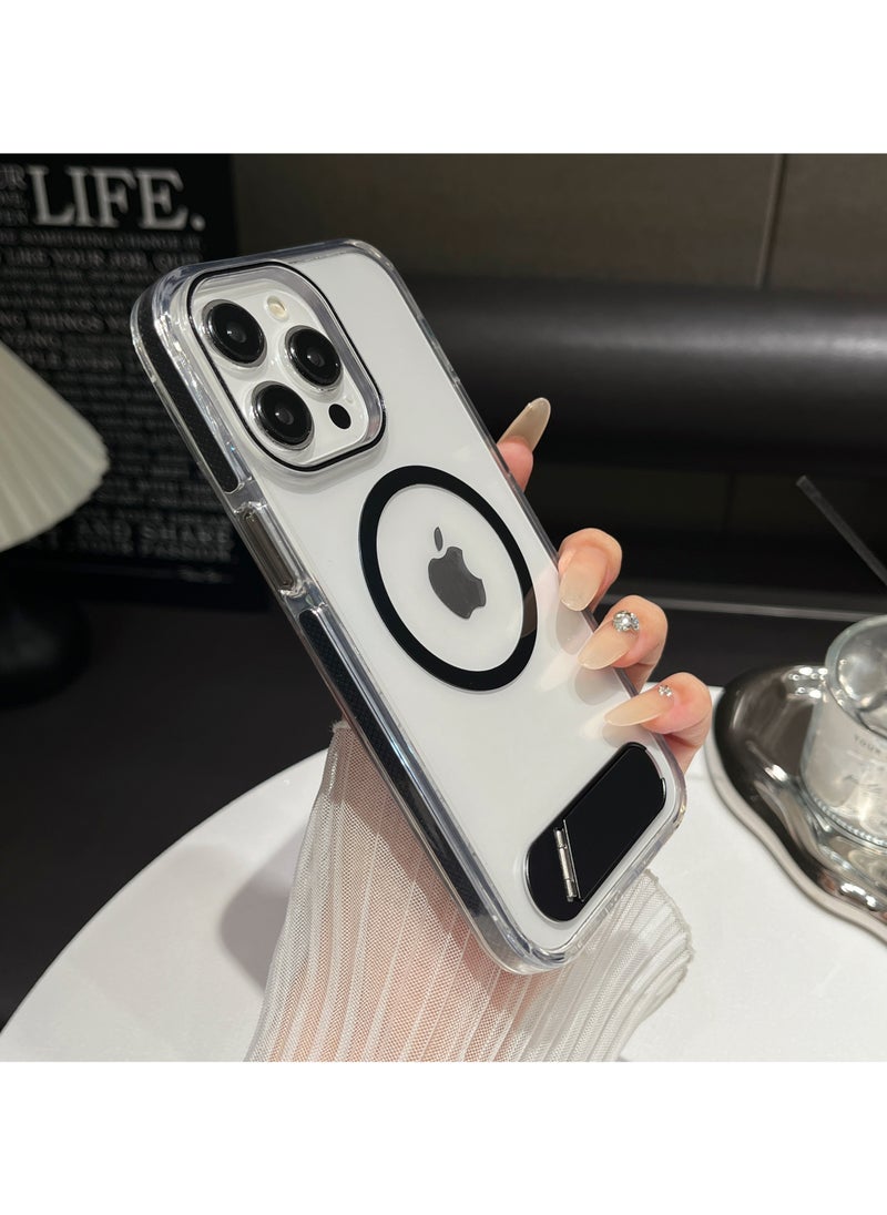 Generic - Luxury TPU PC Crystal clear Magnetic Phone case With Holder Stand for iPhone 15 Pro Max case With Metal Stand - Black - Image 1