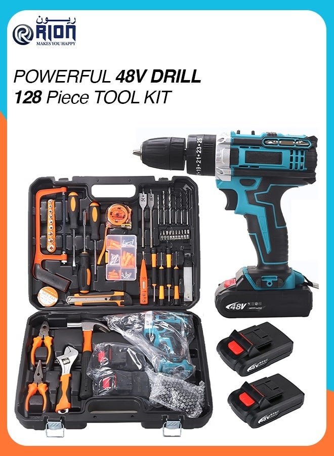 RION 48V Cordless Power Tool Kit – 128-Piece Professional Home & Garden Repair Set with Drill, Hand Tools & DIY Accessories - Image 1