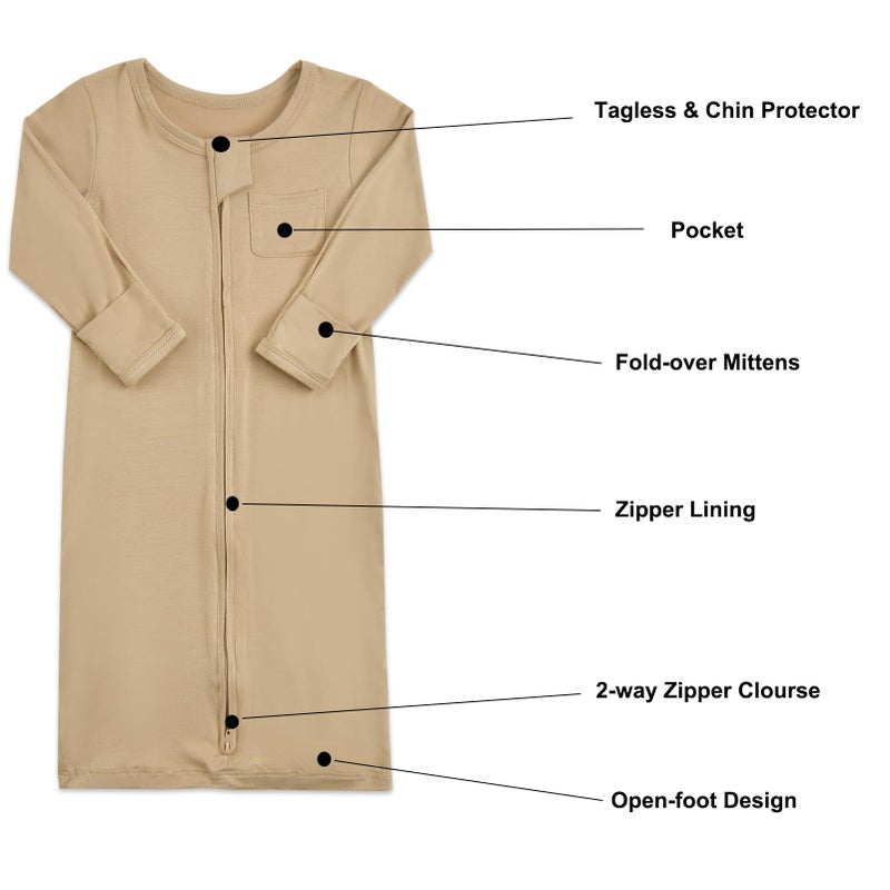 Aablexema Baby Nightgowns Rayon of Bamboo, 2Pcs Newborn Sleeper Gown with 2-way Zipper, Flip Mittens & Foot Cover(Khaki & Animal, 0-3m) - Image 3