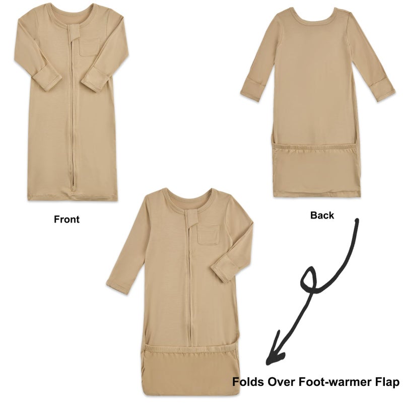 Aablexema Baby Nightgowns Rayon of Bamboo, 2Pcs Newborn Sleeper Gown with 2-way Zipper, Flip Mittens & Foot Cover(Khaki & Animal, 0-3m) - Image 2