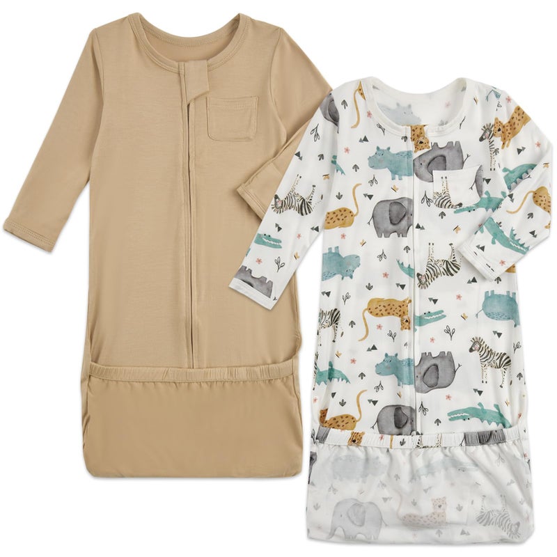 Aablexema Baby Nightgowns Rayon of Bamboo, 2Pcs Newborn Sleeper Gown with 2-way Zipper, Flip Mittens & Foot Cover(Khaki & Animal, 0-3m) - Image 1