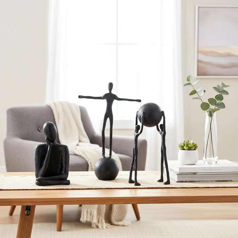 Pan Home Black Metal Man Standing On Sphere Sculpture - Image 3