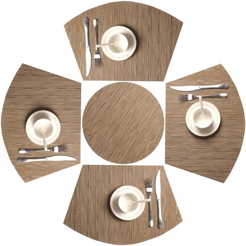 SHACOS Small Round Table Placemats Set of 5 Woven Vinyl Wedge Placemats with Centerpiece Round Table Mats Heat Resistant Wipe Clean (5, Tan) - Image 1
