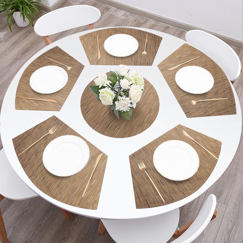 SHACOS Small Round Table Placemats Set of 5 Woven Vinyl Wedge Placemats with Centerpiece Round Table Mats Heat Resistant Wipe Clean (5, Tan) - Image 2
