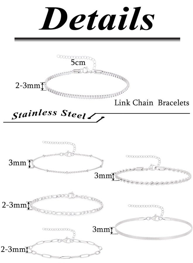 Tornito أساور ذهبية للنساء 6 قطع من تورنيتو مصنوعة من الفولاذ المقاوم للصدأ مطلية بالذهب عيار 14 قيراط، أساور سلسلة قابلة للتكديس، أساور ورقية، أساور ساتلايت، أساور فيغارو، أساور صندوق، أساور حبل، أساور على شكل عظام السمكة، مجموعة مجوهرات بطول 6.7 بوصة باللونين الفضي والذهبي - Image 4