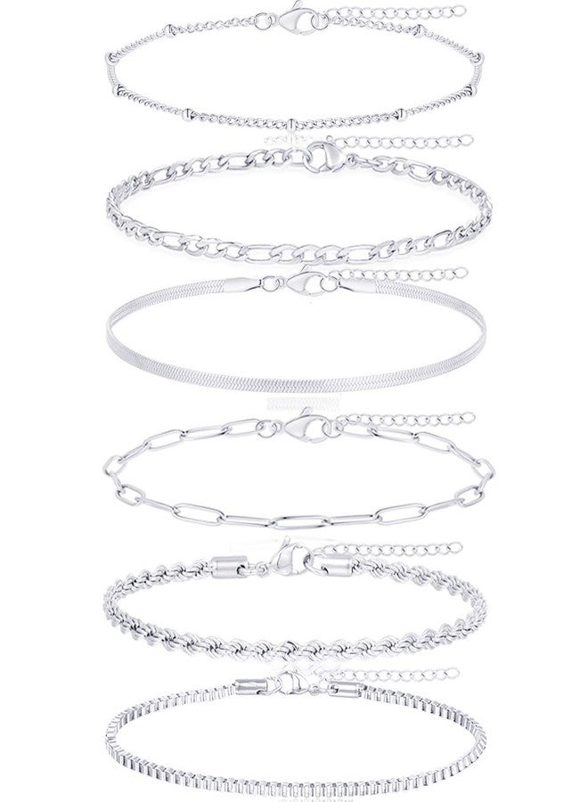 Tornito أساور ذهبية للنساء 6 قطع من تورنيتو مصنوعة من الفولاذ المقاوم للصدأ مطلية بالذهب عيار 14 قيراط، أساور سلسلة قابلة للتكديس، أساور ورقية، أساور ساتلايت، أساور فيغارو، أساور صندوق، أساور حبل، أساور على شكل عظام السمكة، مجموعة مجوهرات بطول 6.7 بوصة باللونين الفضي والذهبي - Image 3