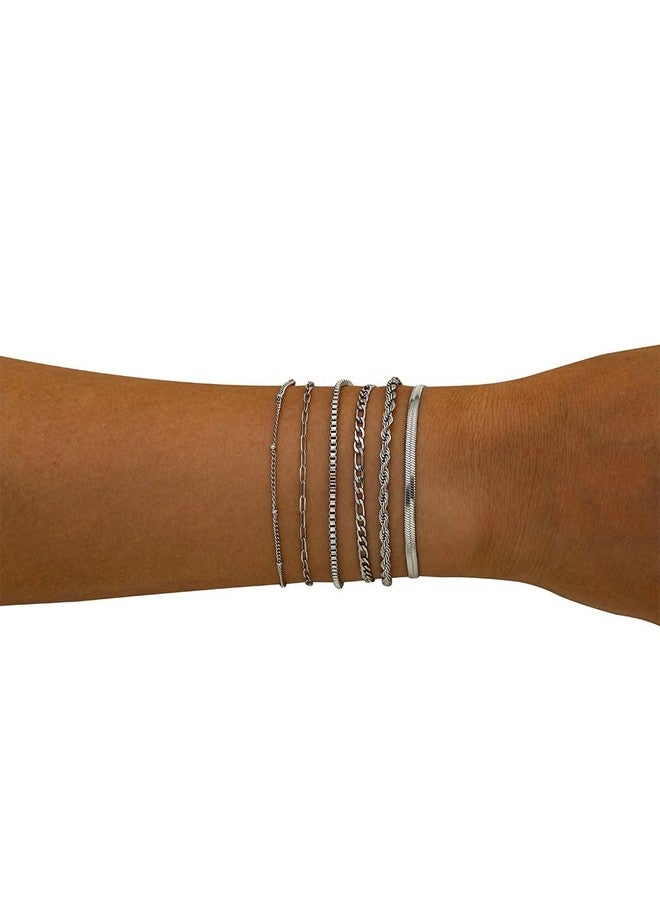 Tornito أساور ذهبية للنساء 6 قطع من تورنيتو مصنوعة من الفولاذ المقاوم للصدأ مطلية بالذهب عيار 14 قيراط، أساور سلسلة قابلة للتكديس، أساور ورقية، أساور ساتلايت، أساور فيغارو، أساور صندوق، أساور حبل، أساور على شكل عظام السمكة، مجموعة مجوهرات بطول 6.7 بوصة باللونين الفضي والذهبي - Image 2