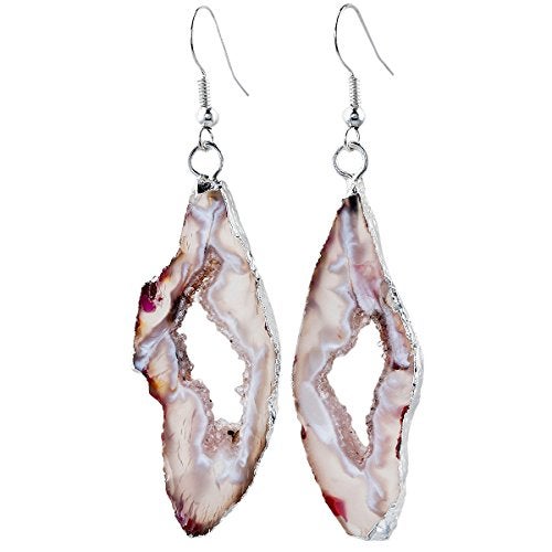 SUNYIK Natural Agate Slice Geode Druzy Dangle Earrings Silver Plated Light Color - Image 1
