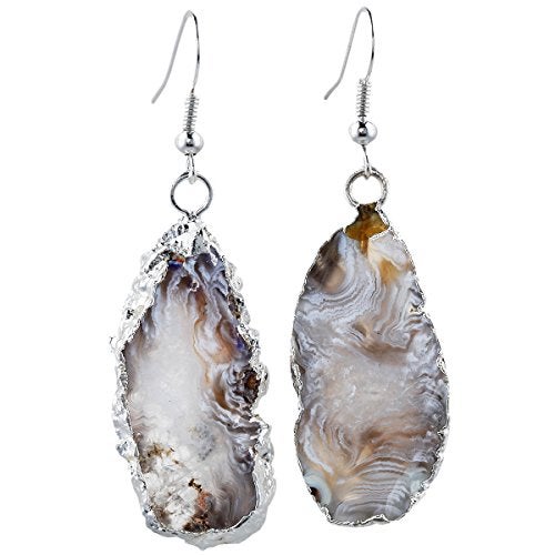 SUNYIK Natural Agate Slice Geode Druzy Dangle Earrings Silver Plated Light Color - Image 3