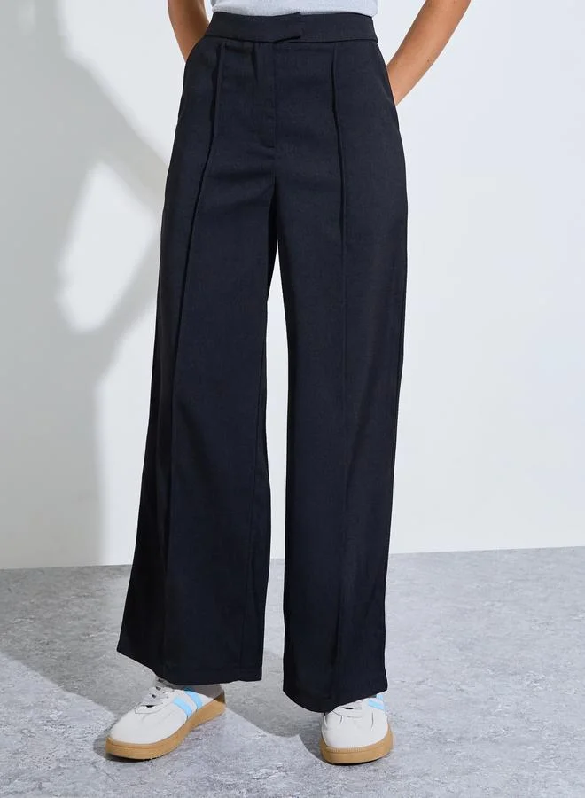 Styli Black Wide-Leg Trousers with Front Seam Detail