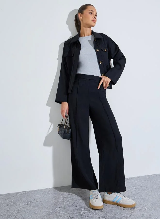 Styli Black Wide-Leg Trousers with Front Seam Detail