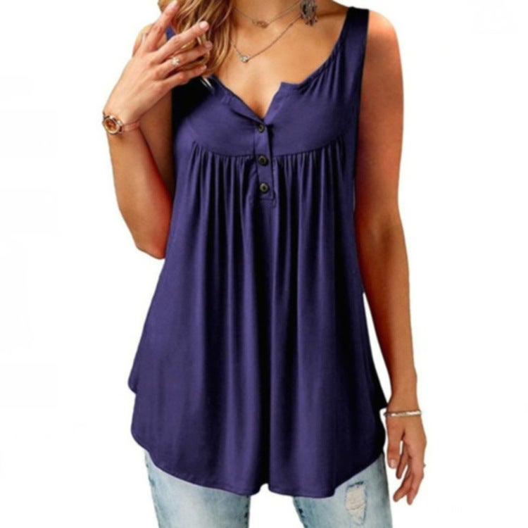 Amazon Explosions 2021 Summer New Solid Color Pleated Sleeveless Womens Casual T-shirt Long Button Vest Deep Purple 