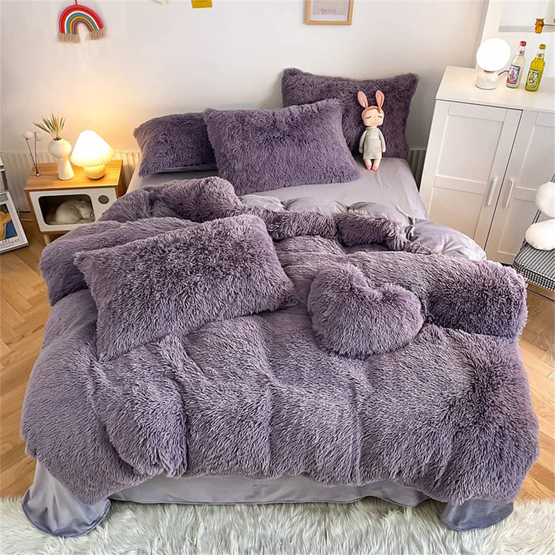 chovy Faux Fur Plush Purple Comforter Sets Queen Ultra Soft Shaggy Flannel Velvet Fluffy Fuzzy 3PC Bedding Set Comforter x 1 Pillowcases x 2