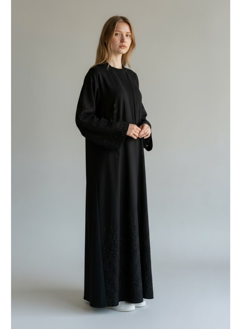 AMA_Apparel Women's Black Floral Lace Open Front Abaya - Lamar | Modest Long Sleeve Evening Maxi - Image 2