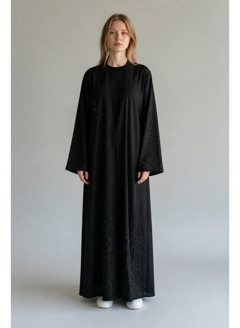AMA_Apparel Women's Black Floral Lace Open Front Abaya - Lamar | Modest Long Sleeve Evening Maxi - Image 1