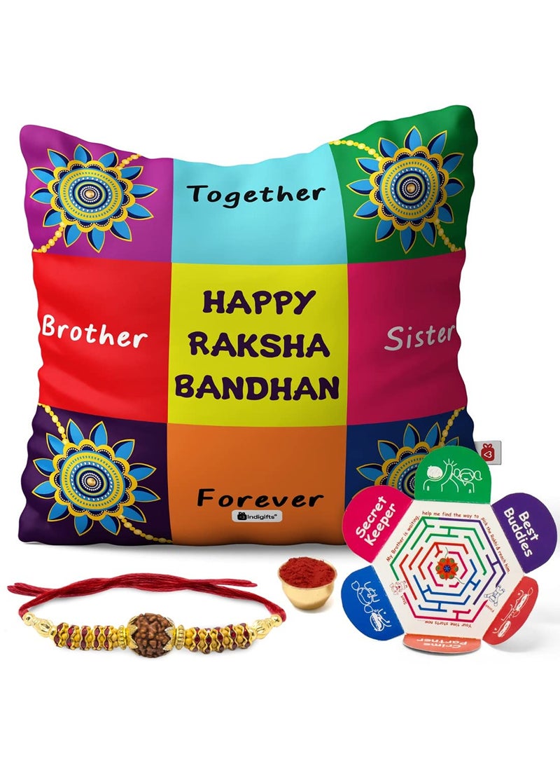 Indigifts Indigifts Printed Cushion Cover 12"x12" with Filler, 1 Rudraksha Rakhi, Roli, Greeting Card (Multi)  - Image 1