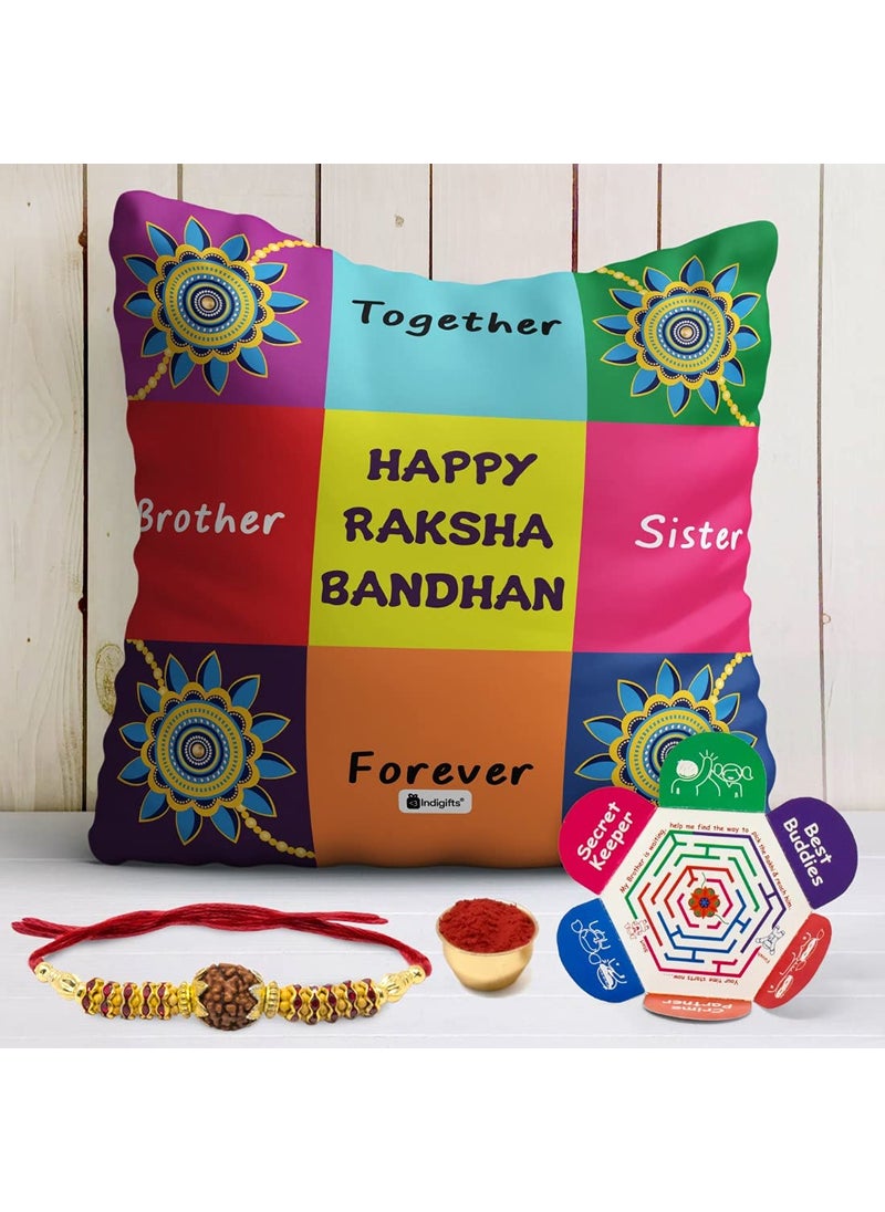 Indigifts Indigifts Printed Cushion Cover 12"x12" with Filler, 1 Rudraksha Rakhi, Roli, Greeting Card (Multi)  - Image 2