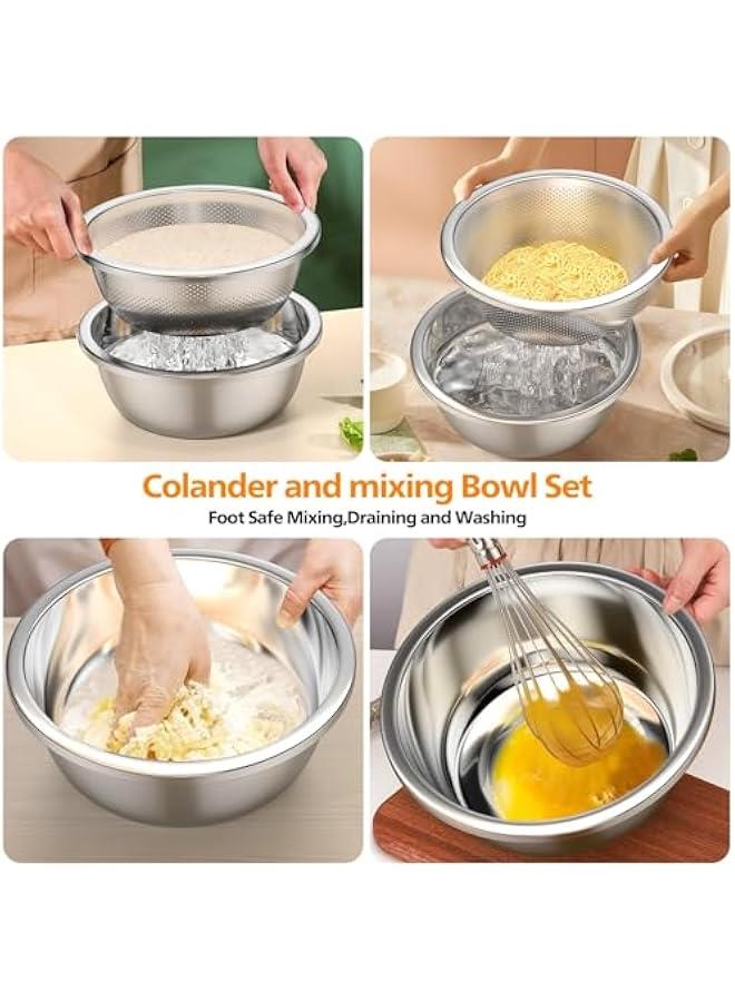 304-Stainless-Steel Colander with Mixing Bowls, 5-Quart Large Capacity, Metal Strainer Set Microporous Colander for Washing u0026 Draining Rice, Fruit, Vegetables, Noodle, Cooked pasta,2PC (5QT)