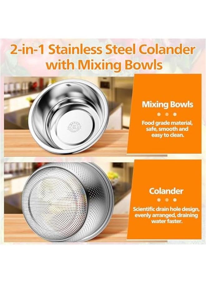MIXDE 304-Stainless-Steel Colander with Mixing Bowls, 5-Quart Large Capacity, Metal Strainer Set Microporous Colander for Washing u0026 Draining Rice, Fruit, Vegetables, Noodle, Cooked pasta,2PC (5QT)  - Image 2