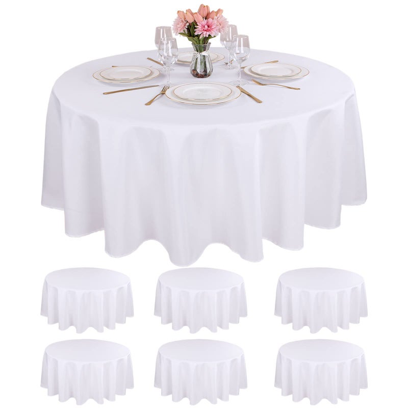 Kesfey 6 Packs White Round Table Cloths 90 Inch White Polyester Circle Bulk Linen Tablecloth Wrinkle Resistant Tablecloths Washable High Density Fabric Tablecovers for Wedding Camping Banquet Parties - Image 1