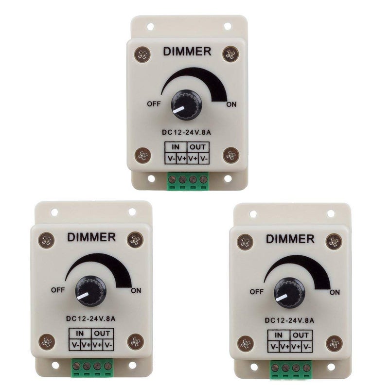 Hiletgo 3pcs DC12-24V 8Amp 0%-100% PWM Dimming Controller for LED Lights, Ribbon Lights,Tape Lights,Dimmer is compatible with Hilight, LEDwholesaler, fillite, and others' strips - Image 1