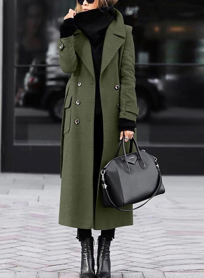 ebossy Women‘s Winter Double Breasted Wool Coat Elegant Notched Lapel Belted Maxi Long Pea Trench Coat, Army Green, M - Image 2