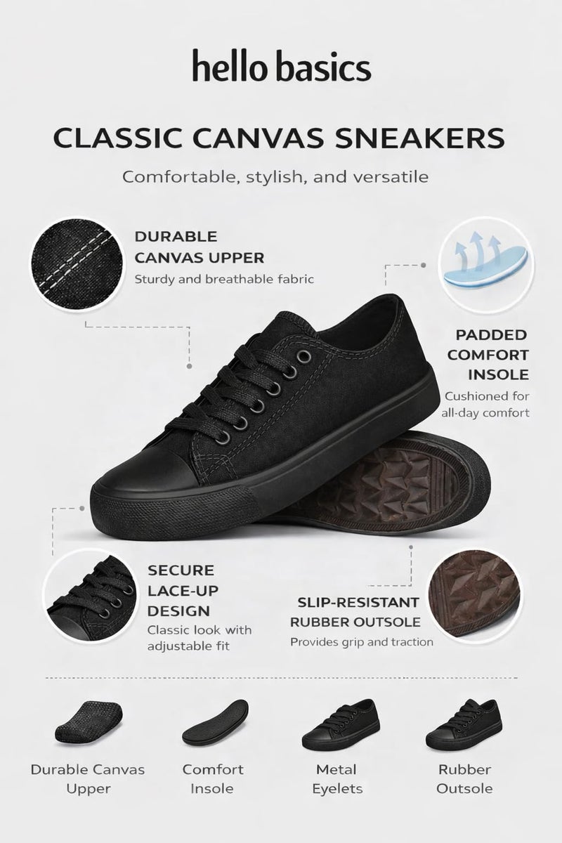 hello basics All Black Canvas Shoes for Women Casual Low Top Sneakers Fashion Black Tennis Shoes for Women, All Black, Size 6 - Image 3