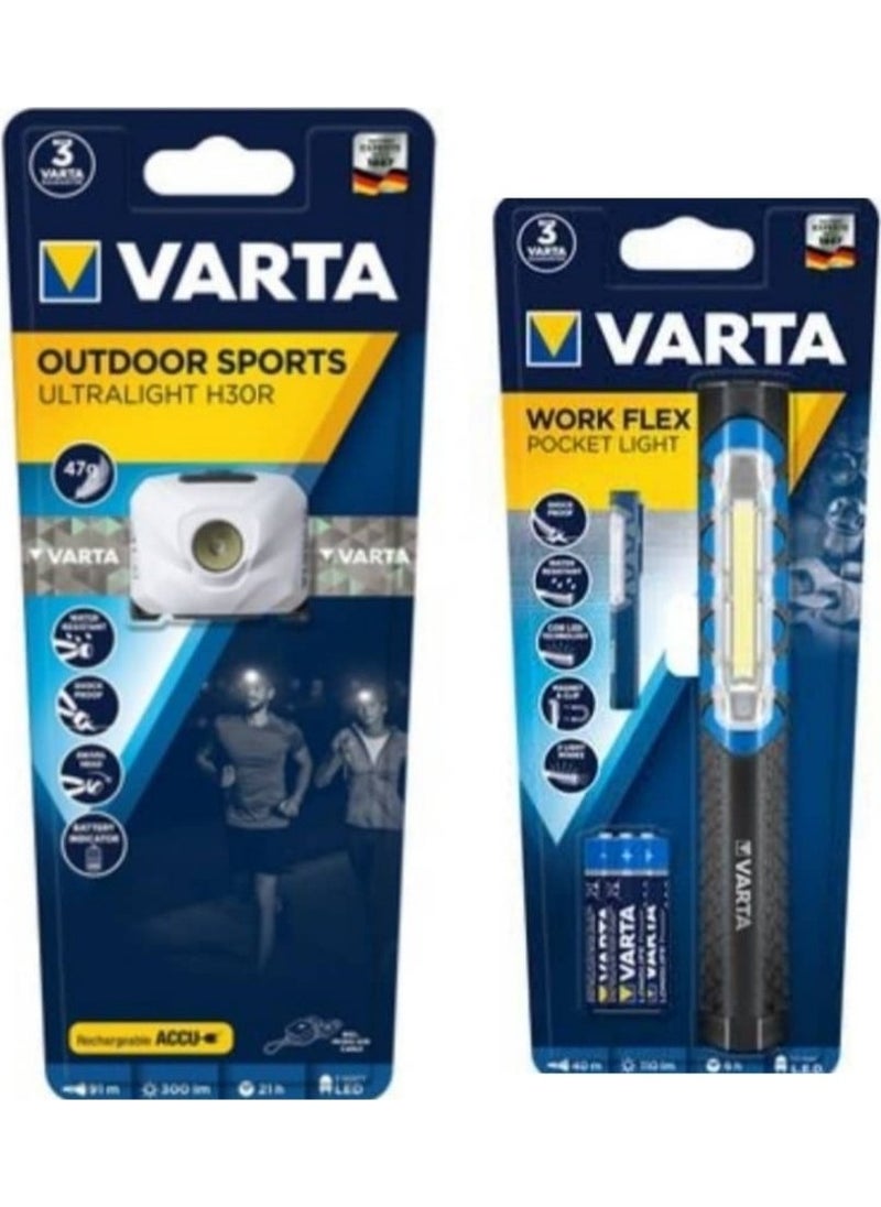 VARTA 18631 Rechargeable Head Flashlight + 17647 Work Flex Flashlight Ayds  - Image 1