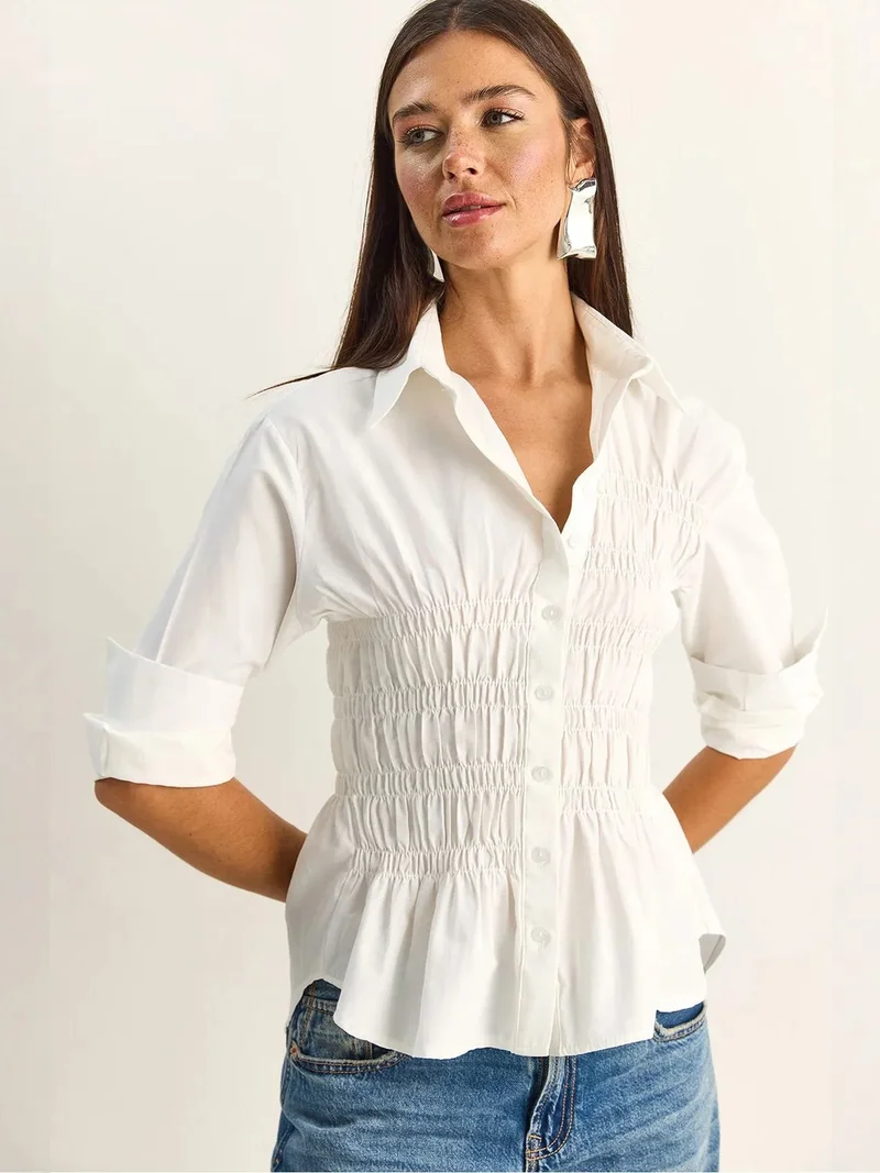 بيانكو لوتشي LUCCI Women's Regular-Fit Cotton-Blend Poplin Shirt