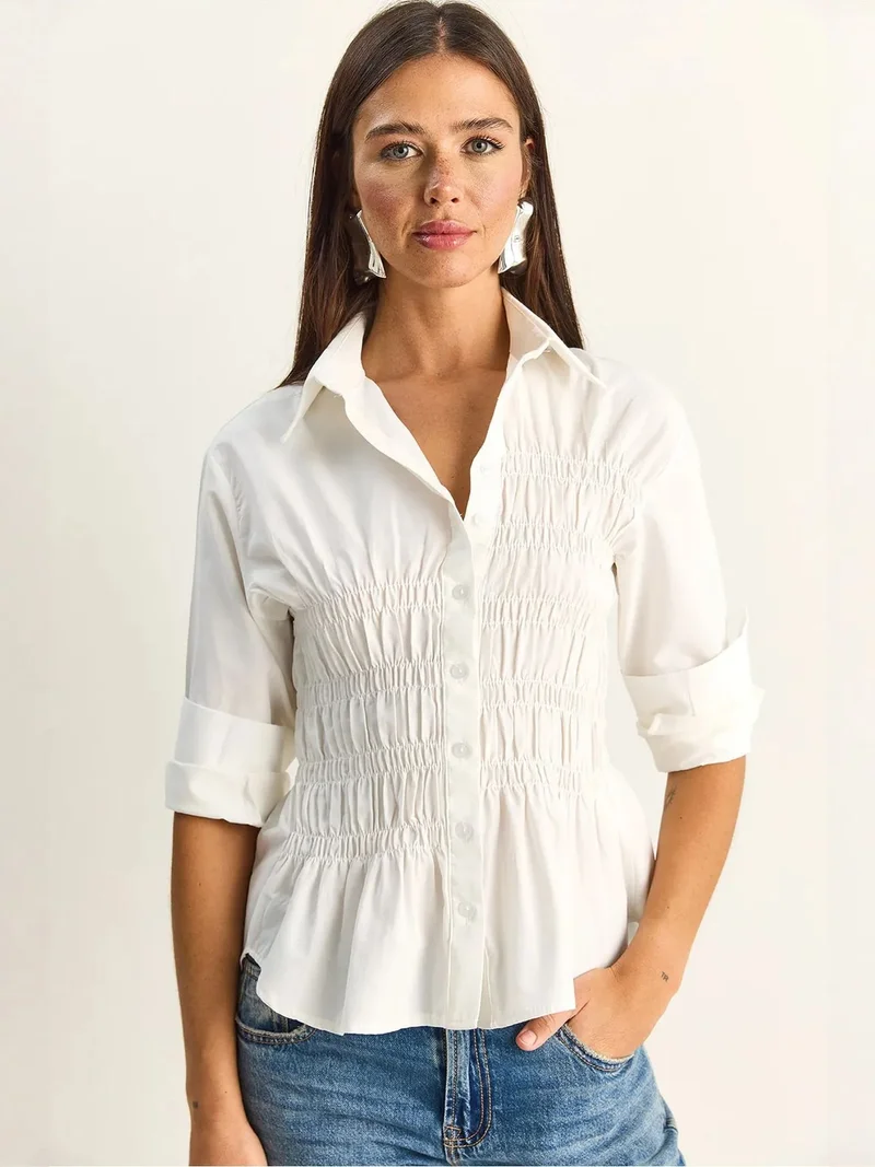 بيانكو لوتشي LUCCI Women's Regular-Fit Cotton-Blend Poplin Shirt