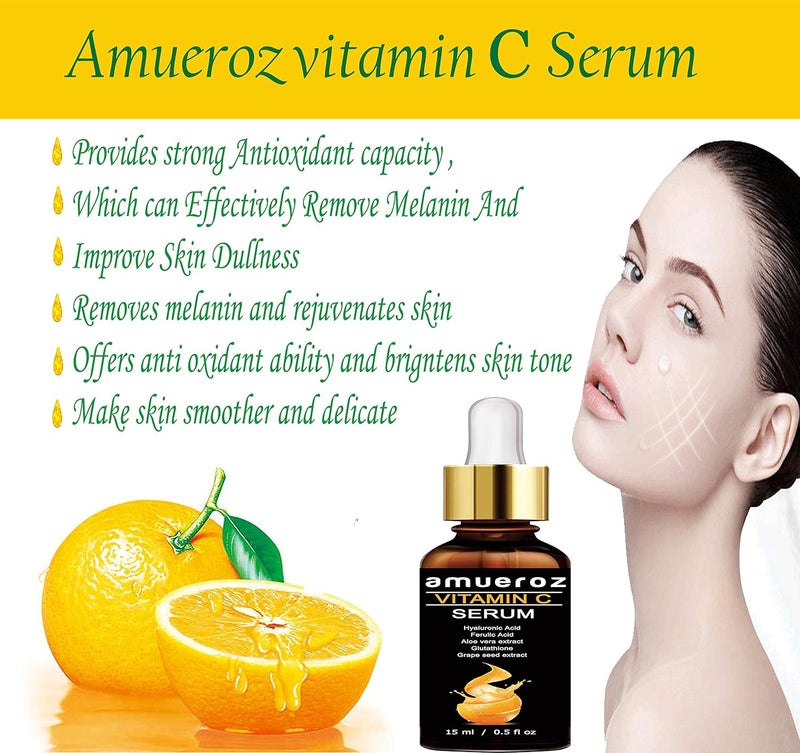 Amueroz Vitamin C Serum for face with Hyaluronic acid Ferulic acid Glutanione Aloe vera and Grape seed extract 15ml - Image 5