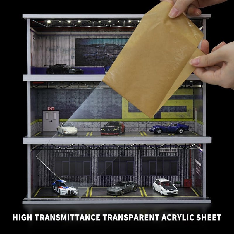 G-FANS 1/64 Scale Hot die-cast Wheels Model car scenarios Display case with LED Light and Acrylic Cover, Scenes Parking lot Diorama Storage Garage Box with 6 Parking Spaces (Factory) - Image 5