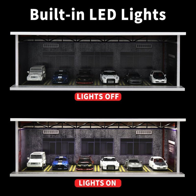 G-FANS 1/64 Scale Hot die-cast Wheels Model car scenarios Display case with LED Light and Acrylic Cover, Scenes Parking lot Diorama Storage Garage Box with 6 Parking Spaces (Factory) - Image 3