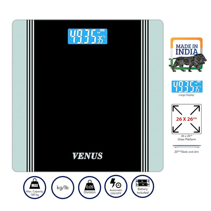 Venus (الهند) آلة وزن شخصية رقمية إلكترونية للحمام لقياس الوزن حتى 180 كجم مع ضمان لمدة 24 شهرًا - Image 5
