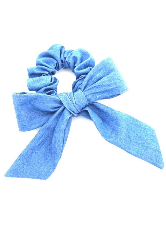 IBDA Blue Denim Bow Knot Scarf Scrunchie,Ponytail Holder, Handmade with Bobble Hair Tie, Rubber/Elastic Head Band Accessories Woman stylish Silk Scrunchies - Image 1