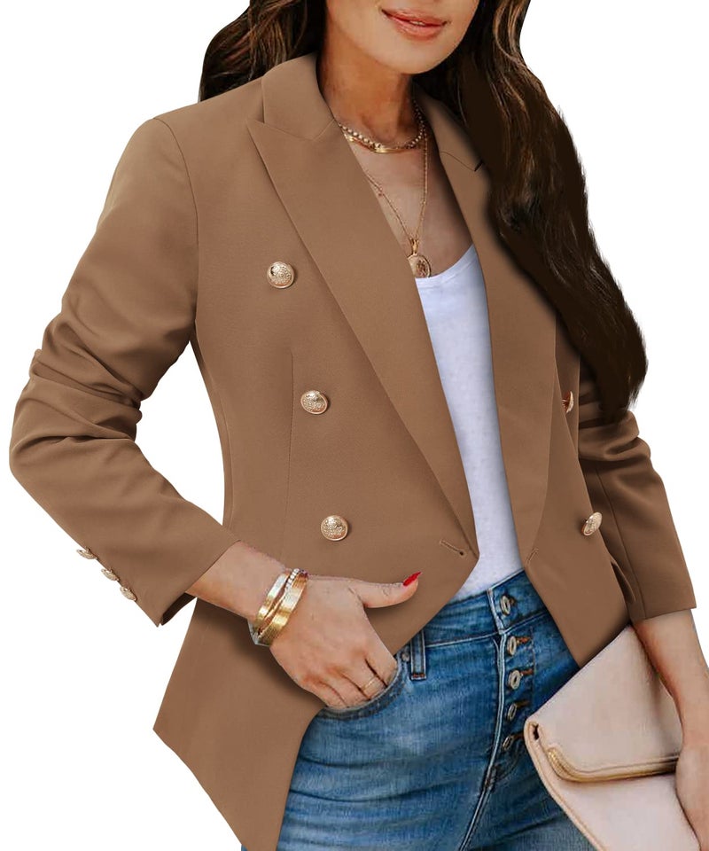 CRAZY GRID Womens Double Breasted Blazer Business Casual Suit Jacket Long Sleeve Dressy Jackets Lapel Gold Button Ladies Work Office Blazer Khaki Medium - Image 1