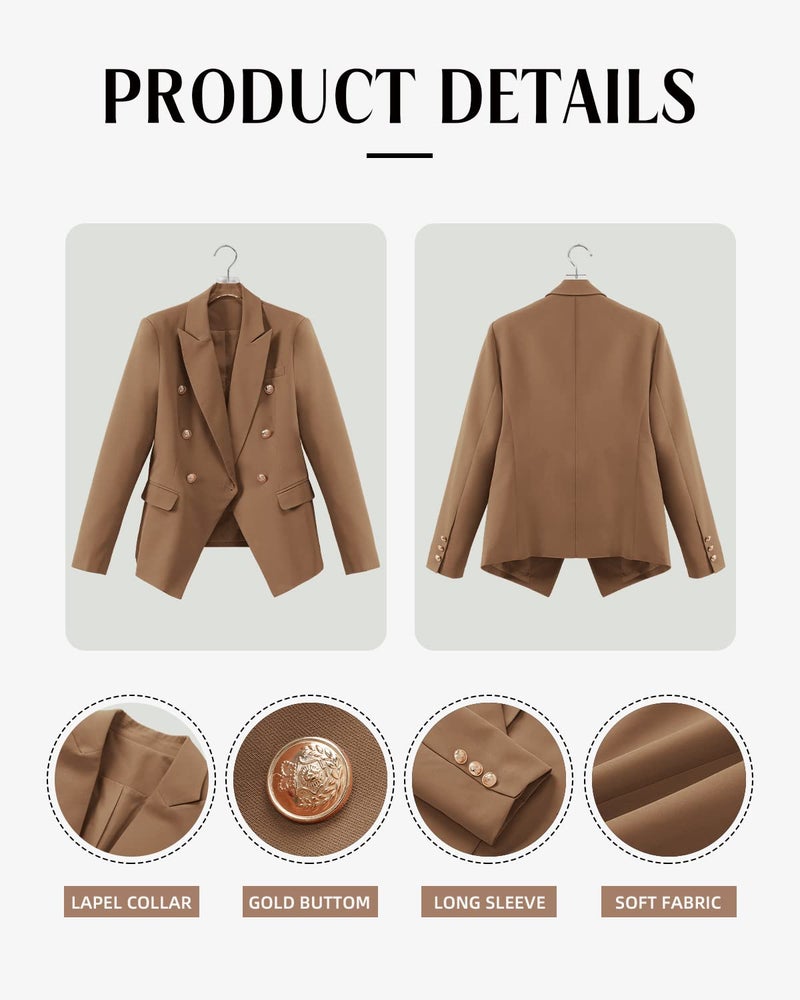 CRAZY GRID Womens Double Breasted Blazer Business Casual Suit Jacket Long Sleeve Dressy Jackets Lapel Gold Button Ladies Work Office Blazer Khaki Medium - Image 5