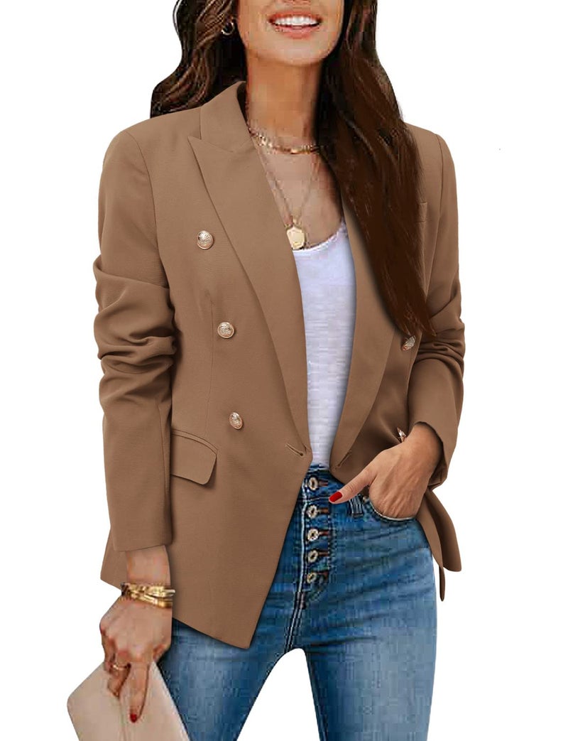 CRAZY GRID Womens Double Breasted Blazer Business Casual Suit Jacket Long Sleeve Dressy Jackets Lapel Gold Button Ladies Work Office Blazer Khaki Medium - Image 3