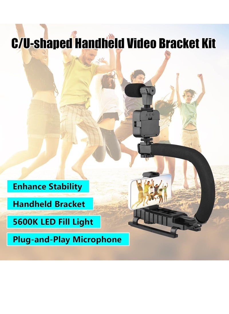 ELTRAZONE handheld video rig，Universal Video U Grip Handle Handheld Vlog Bracket Stabilizer Kit with LED Video Light Microphone Phone Holder Remoter Shutter for Smartphone Camera Vlogging Video Recording  - Image 4