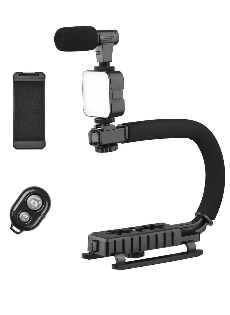 ELTRAZONE handheld video rig，Universal Video U Grip Handle Handheld Vlog Bracket Stabilizer Kit with LED Video Light Microphone Phone Holder Remoter Shutter for Smartphone Camera Vlogging Video Recording  - Image 2