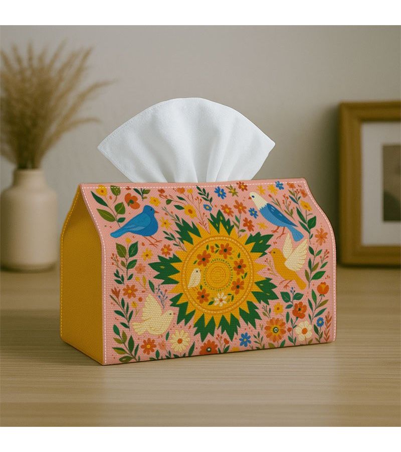 Folk Art 1pc Birds Sun Floral Fabric Tissue Box 18cm X 13cm Multi Use Storage Organizer For Kitchen Dining Table Decorative Napkin Holder Chic And Practical For Home Or Vehicle Use Ideal For Tissues And Napkins - Image 4
