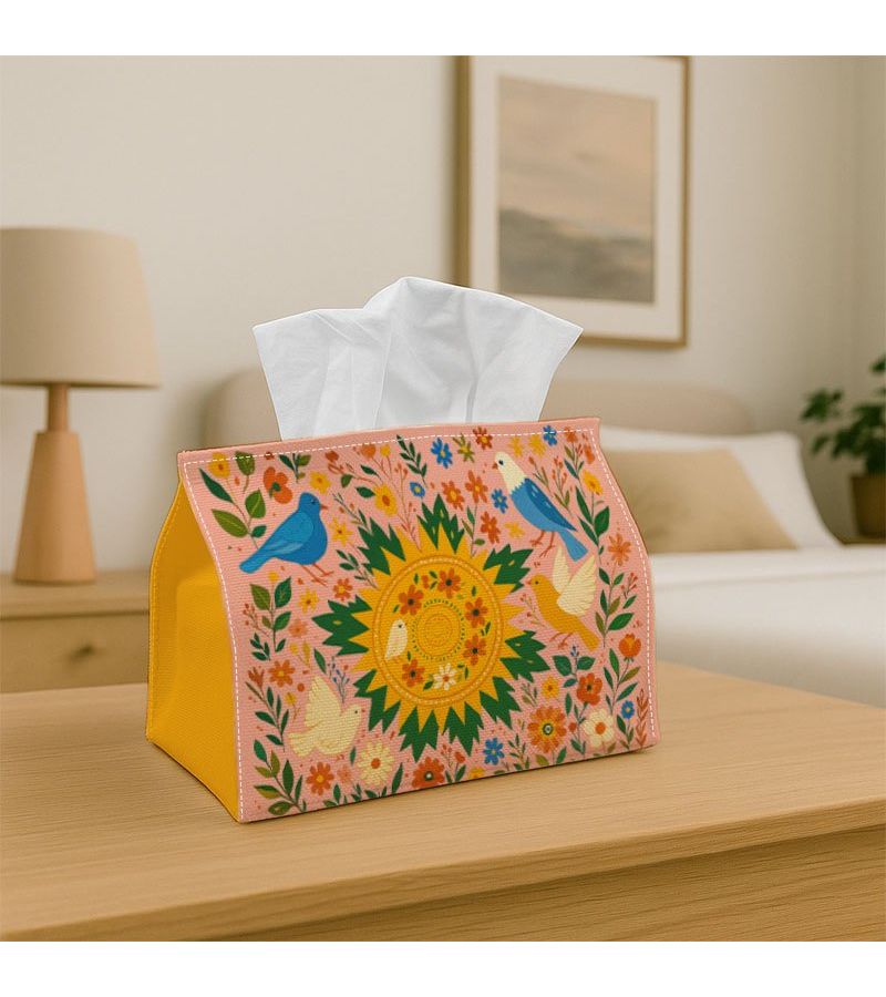 Folk Art 1pc Birds Sun Floral Fabric Tissue Box 18cm X 13cm Multi Use Storage Organizer For Kitchen Dining Table Decorative Napkin Holder Chic And Practical For Home Or Vehicle Use Ideal For Tissues And Napkins - Image 1