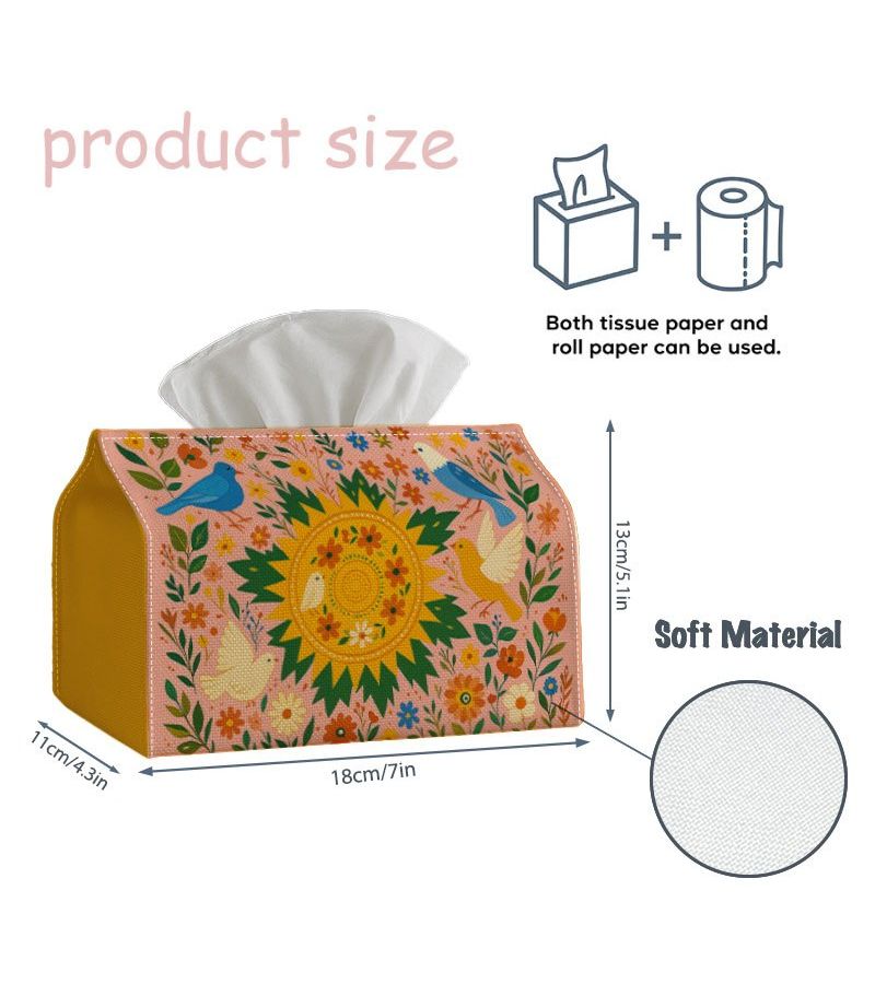 Folk Art 1pc Birds Sun Floral Fabric Tissue Box 18cm X 13cm Multi Use Storage Organizer For Kitchen Dining Table Decorative Napkin Holder Chic And Practical For Home Or Vehicle Use Ideal For Tissues And Napkins - Image 3